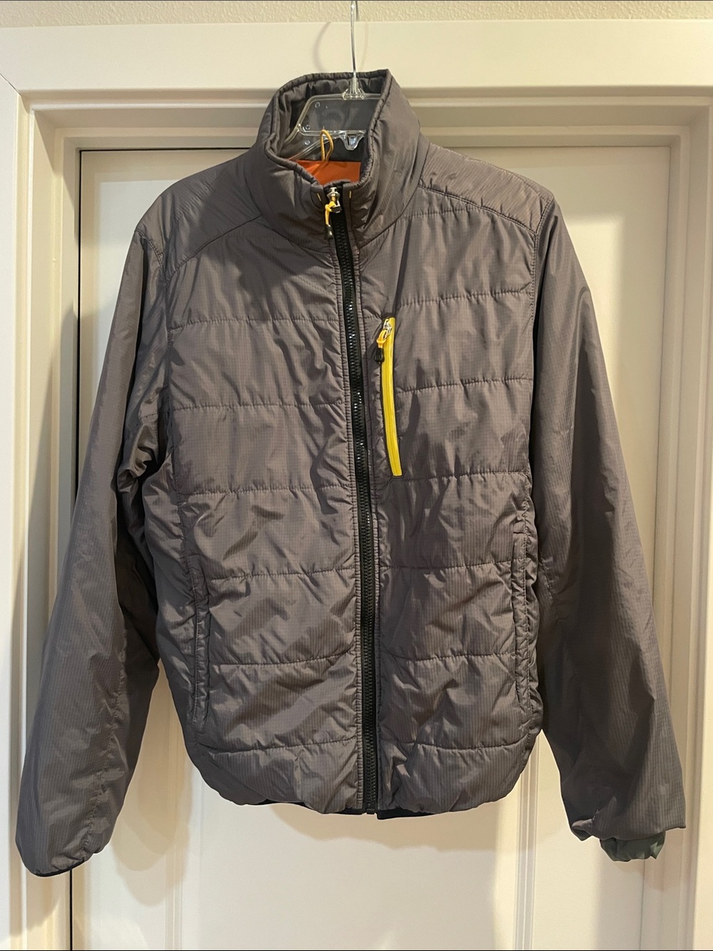 Tommy Hilfiger Gray Puffer Jacket with Yellow Zip Accent